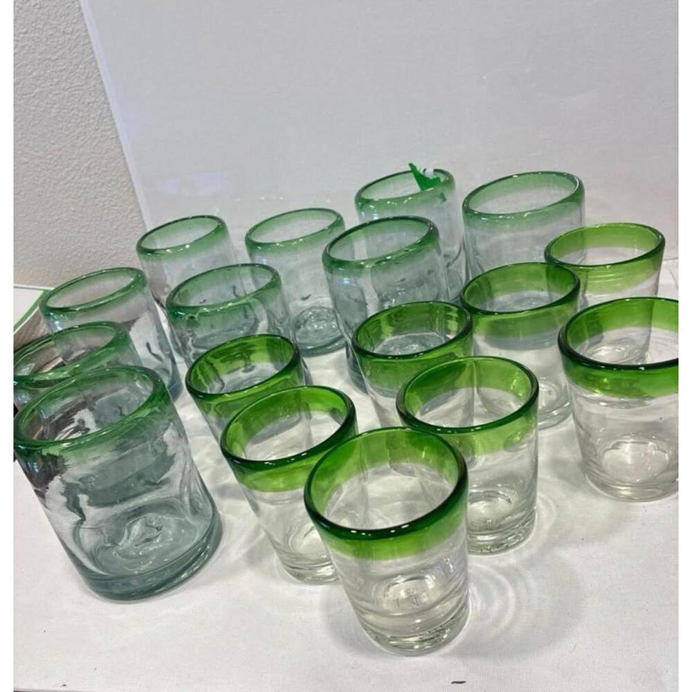 14 Mexican hand blown green glass cup set